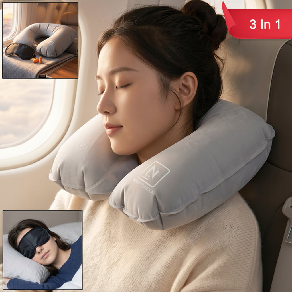 3 In 1 Travel Comfort Kit With Neck Pillow Eye Mask And Earplugs (1 Set)